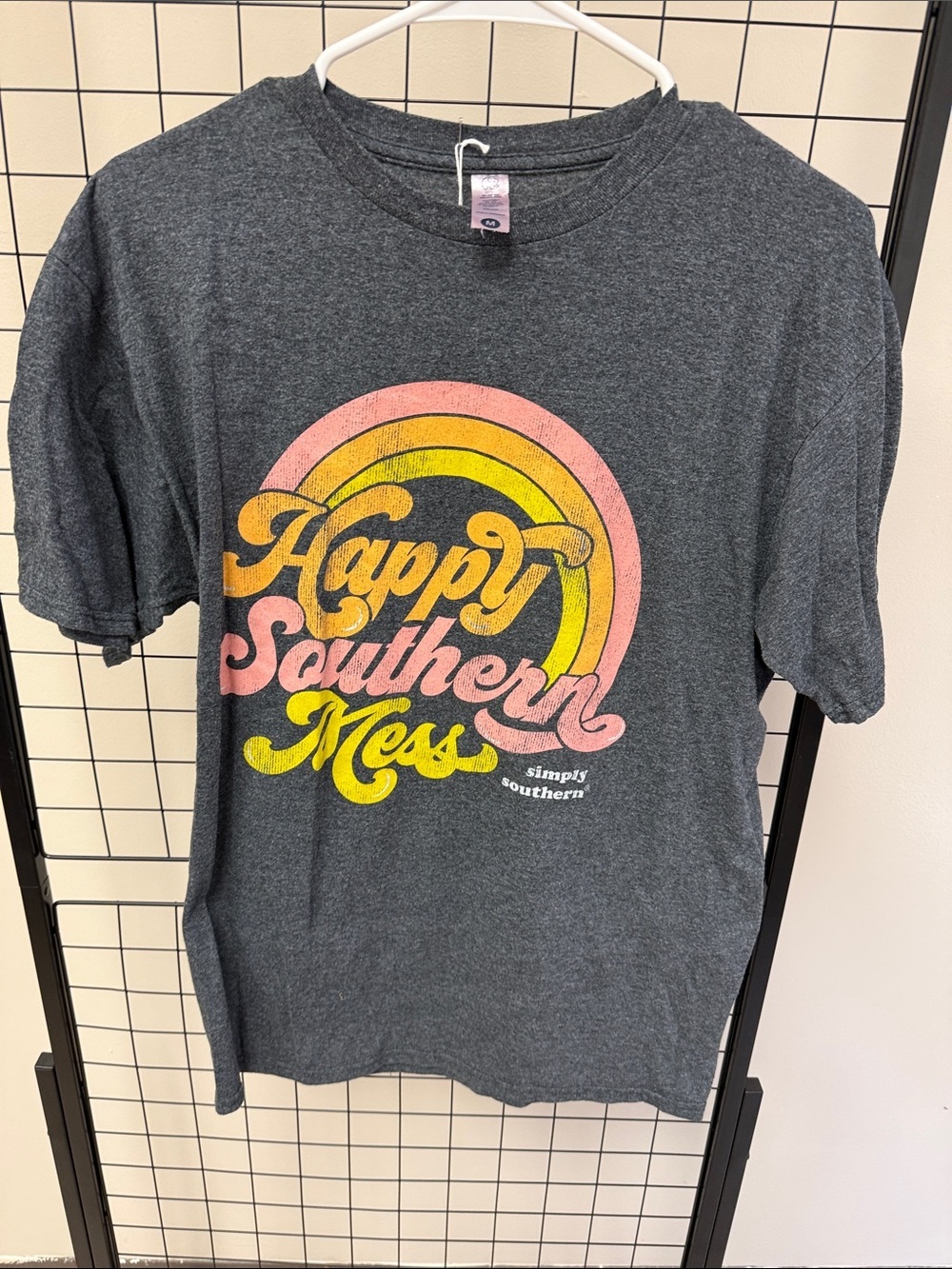 Simply Southern Charcoal Tee with Pink and Yellow Retro Graphic
